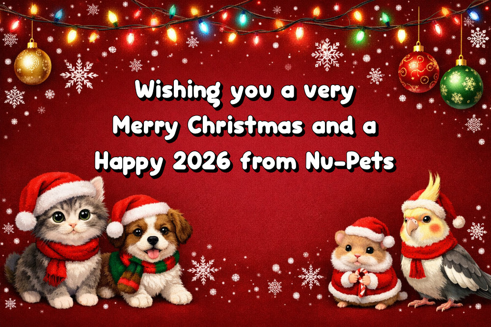 A Christmas Greetings banner from Nu-Pets wishing you a Merry Christmas and a Happy 2026